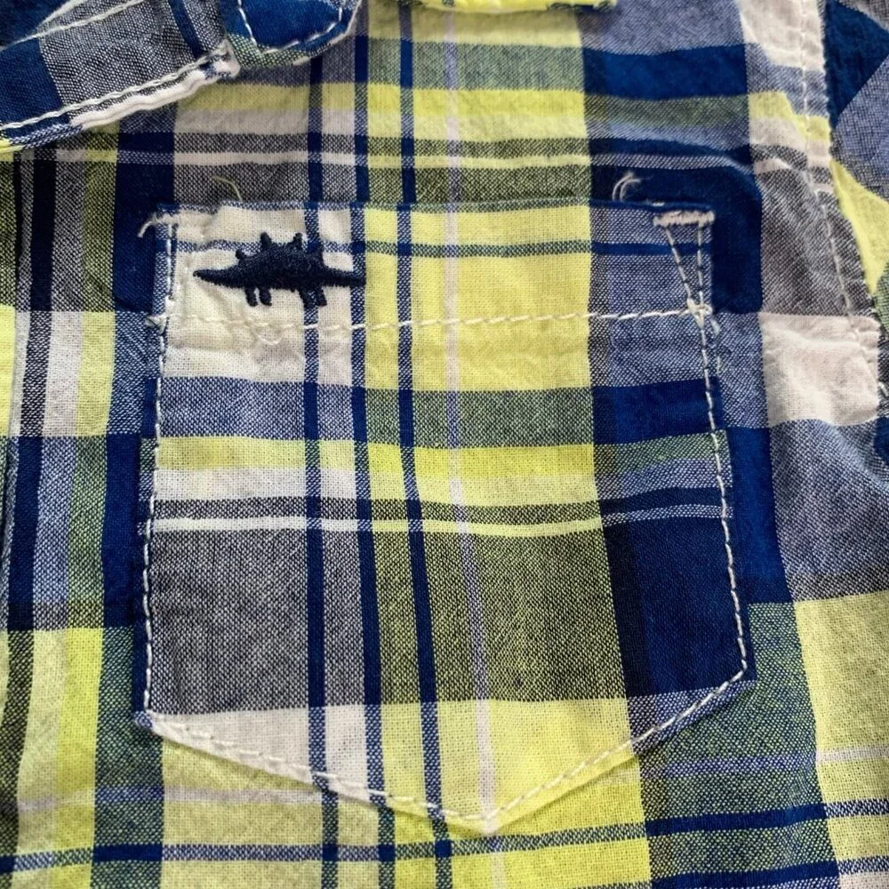 5/$25 Carter's‎ Toddler Boys 4T Plaid Button Down Shirt Navy Lime Green Dinosaur